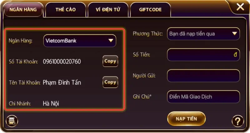 Nạp tiền đơn giản tại VIC WIN